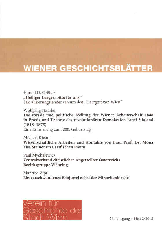 Titelblatt des Hefts 2/2018 der Wiener Geschichtsblätter, herausgegeben vom Verein für Geschichte der Stadt Wien
