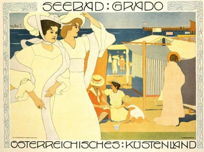 Josef Maria Auchentaller, Plakat Seebad Grado. Links seine Frau Emma, daneben ihre jüngere Schwester Martha Thonet (mit hellen Haaren)