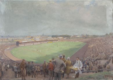 Fußballmatch auf der Hohen Warte, Anton H. Karlinsky, 1928, Öl auf Leinwand, 72 x 104 cm